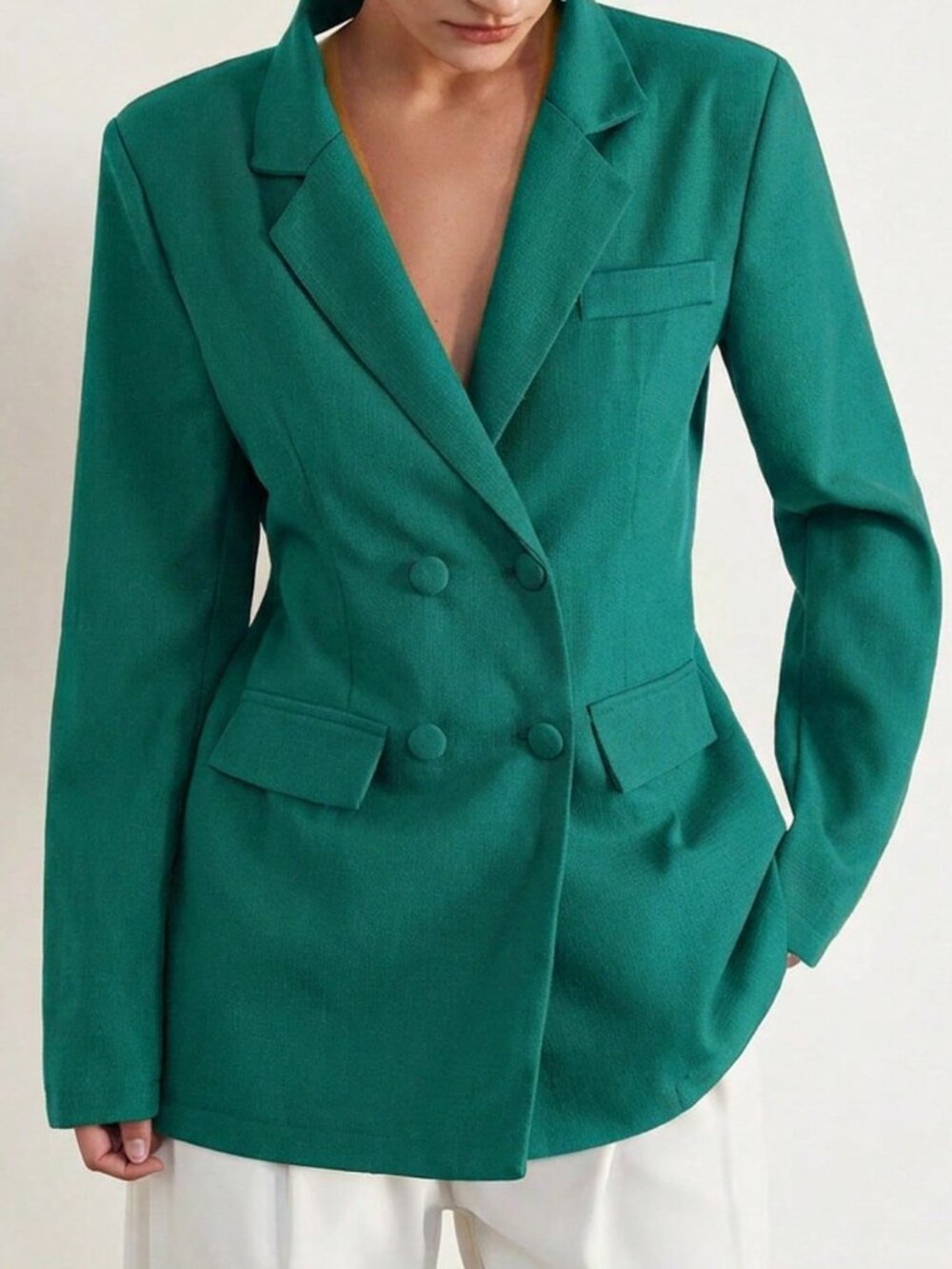 Green Elegant Women's French Double-Breasted Sexy Backless Blazer - Picture 4 of 5